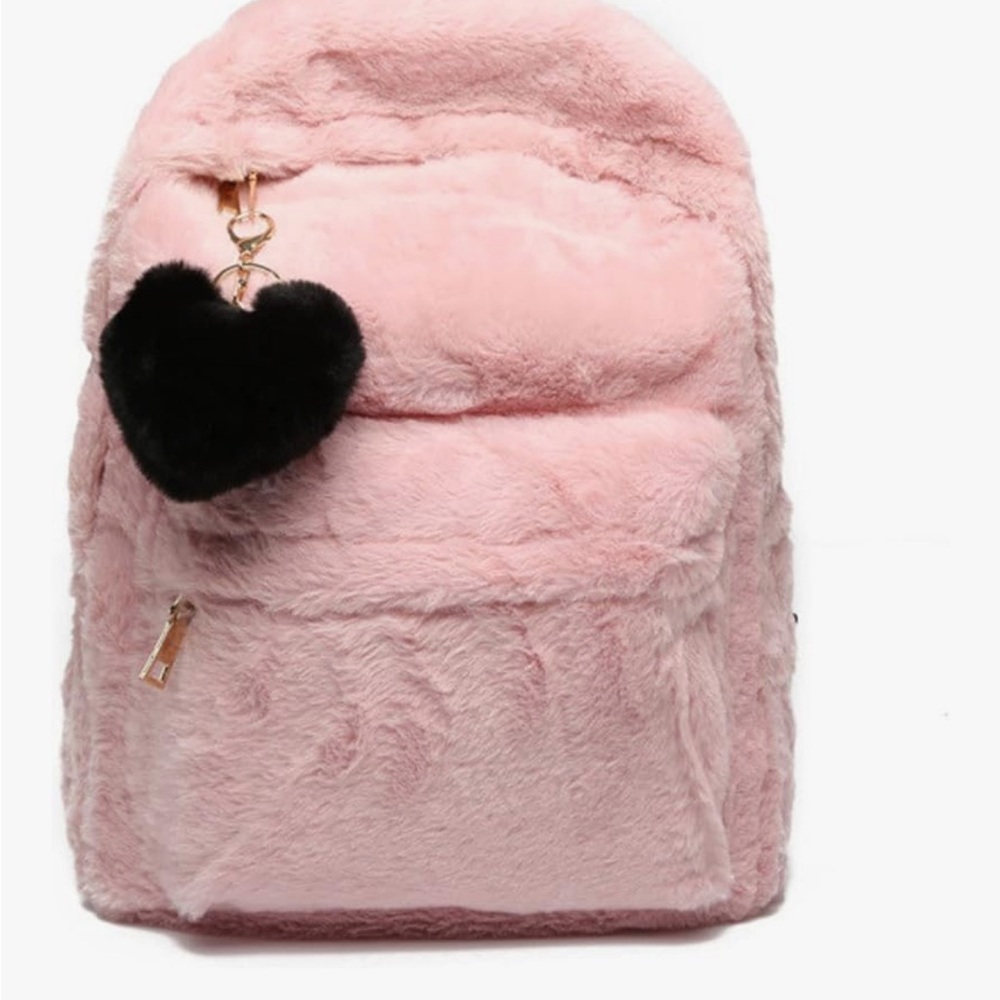 Pink Faux Fur Backpack with Heart Charm